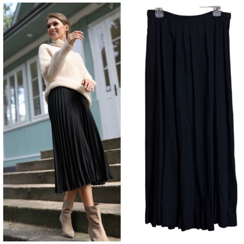 Vintage 90's Charter Club Black Pleated Midi Skirt Size 6 100% Rayon Preppy